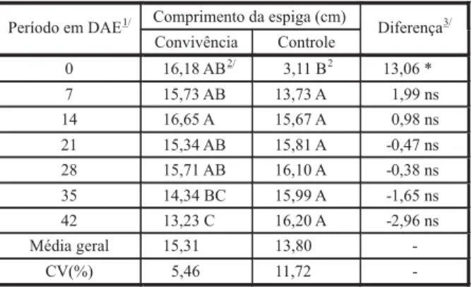 Tabela 5 - Efeito dos períodos de convivência ou de controle de B. plantaginea sobre o número de grãos por fileira em cada espiga de milho