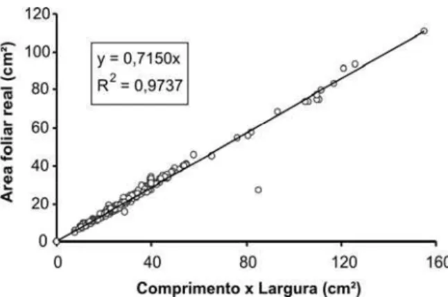 Figura 4 - Correlação entre a área foliar real e a estimativa produzida com o produto do comprimento ao longo da nervura central pela largura máxima das folhasdeA