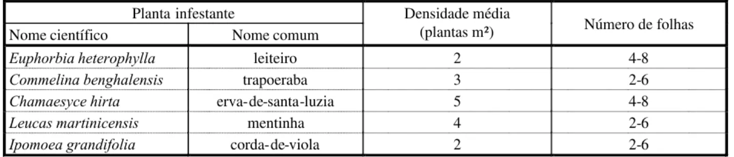 Tabela 2 - Plantas infestantes, densidade e estádio de desenvolvimento das plantas no momento da aplicação dos herbicidas