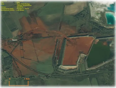 Figura  1.  Imagem  de  satélite  de  IKONOS  das  lamas  vermelhas  tóxicas  em  Ajka