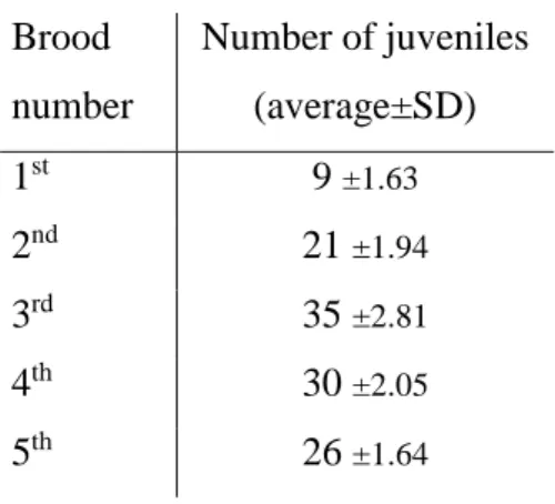 Table 3 - Average number of juveniles per animal per brood. SD = Standard Deviation 