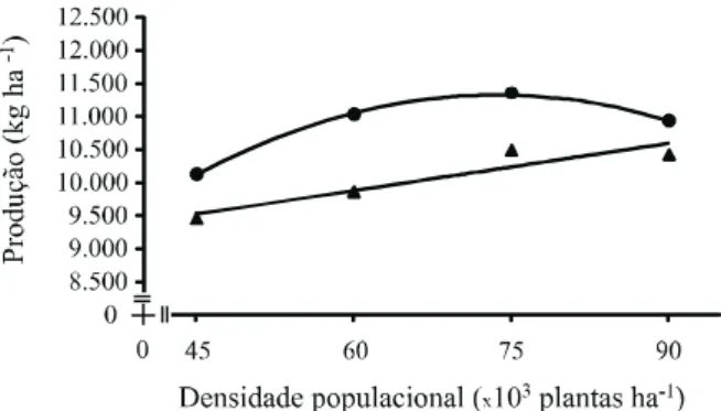 Figura  2 - Produtividade de grãos do híbrido DKB 234 em função da densidade populacional de plantas, cultivado em espaçamento entre linhas de 0,45 m, nos anos agrícolas de 2005/06 e de 2006/07