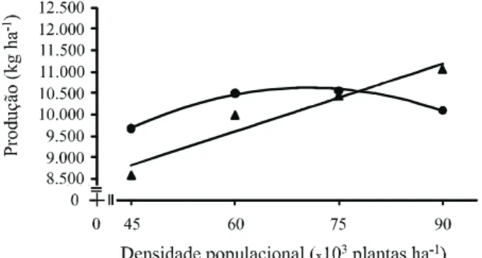 Figura 4 -Produção de grãos do híbrido DKB 214 em função da densidade populacional de plantas, cultivado em espaçamento entre linhas de 0,45 m, nos anos agrícolas de 2005/06 e de 2006/07