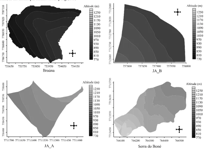 Figure 1 - Digital elevation models for the Braúna, Higher João Andrade (JA_A), Lower João Andrade (JA_B) and Serra do Boné farms, in the municipal district of Araponga, MG