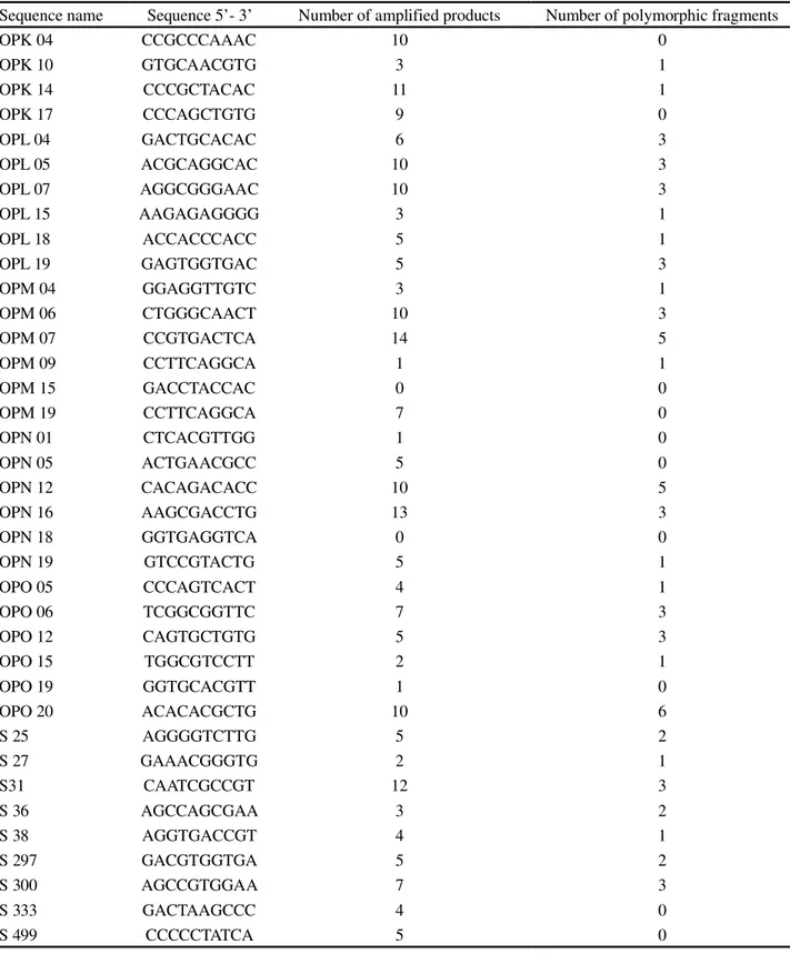 Table 2 - Ratio of the number of amplified RAPD products for each oligonucleotide, with their respective numbers of polymorphic fragments, tested in individuals of cultivars IPR 116 and CATI AL-100 of the radish (Raphanus sativus L