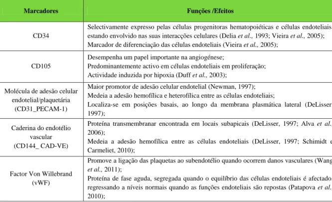 Tabela 1.4- Marcadores fenotípicos de células endoteliais. 