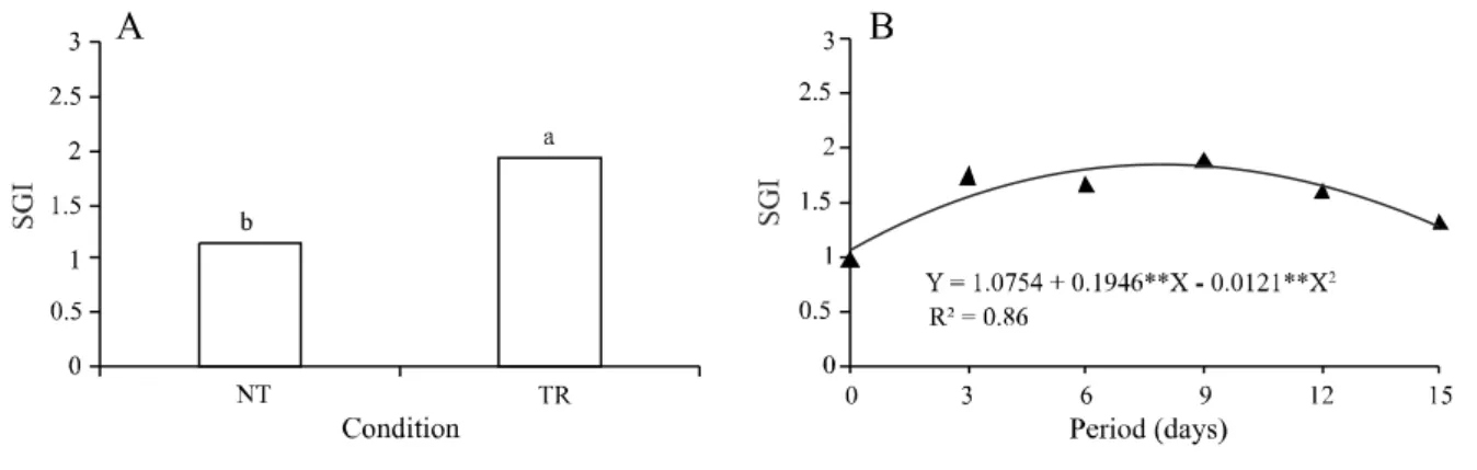 Figure 6 - Speed of germination index (SGI) in stored seeds of Foeniculum vulgare, from plants treated (TR) and not treated (NT) with insecticide and submitted to different periods of thermotherapy (B)