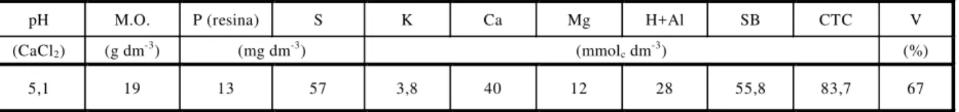 Tabela 1 - Propriedades químicas do solo da área experimental.  Piracicaba-SP, 2004 