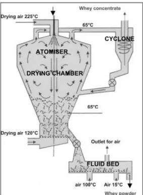 Figura 2-3: Processo de secagem de soro em três estágios [fonte: de Wit (2001)] 