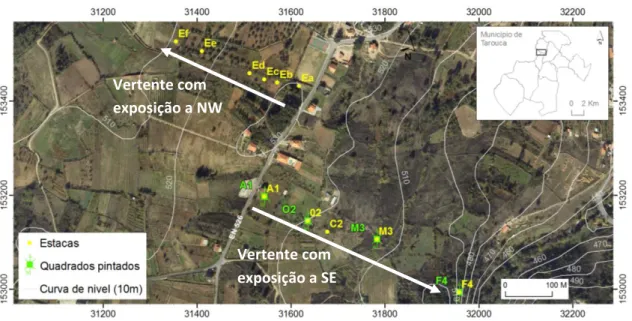 Figura 2.5. Localização das estacas e quadrados pintados na Freguesia de Gouviães usados na  monitorização da erosão hídrica