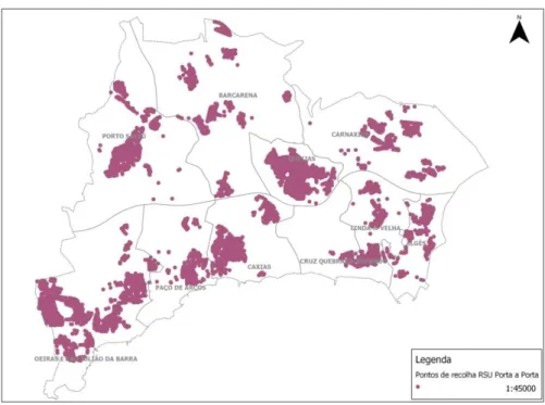 Figura 18 - Distribuição espacial dos 9886 pontos de recolha de RSU porta a porta,  Março de 2013 (shapefileteste, demonstração) 