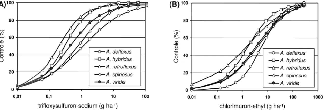 Figura 1 - Nível de controle percentual de cinco espécies do gênero Amaranthus submetidas a diferentes doses dos herbicidas trifloxysulfuron-sodium (A) e chlorimuron-ethyl (B), 20 dias após aplicação