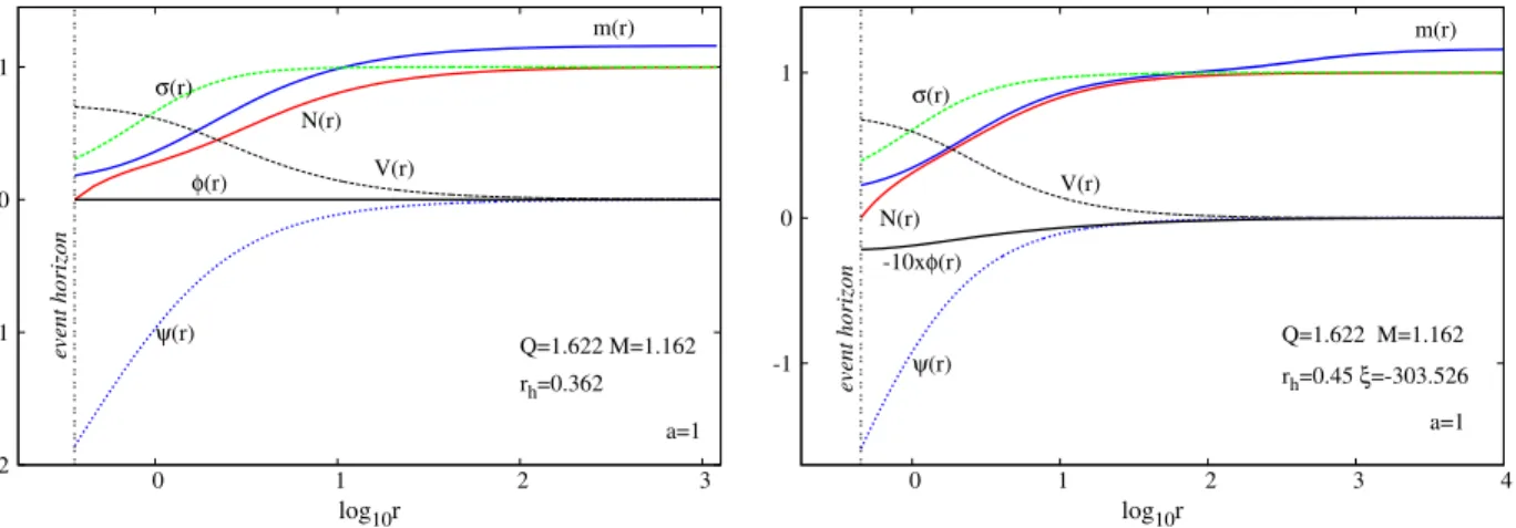 FIG. 3. The profile functions (left panel) of a typical GMGHS solution and (right panel) its scalarized version for the same global charges.