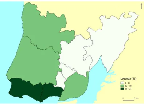 Figura 7. Resíduos urbanos recolhidos seletivamente (percentagem do total de resíduos  urbanos recolhidos), nos municípios da Grande Lisboa, em 2013 