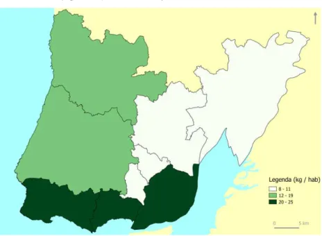 Figura 9. Resíduos urbanos recolhidos seletivamente por  habitante (kg/ hab.), nos municípios da Grande Lisboa, em 2013 