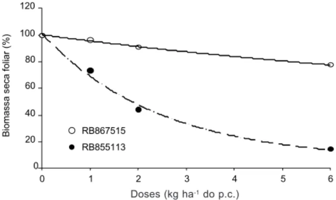 Figura 9 - Porcentagem de biomassa seca das folhas dos cultivares RB867515  ( Yˆ = 41,4843 + 58,7085e (-0,0810D) , R 2  = 0,99) e RB855113 ( Yˆ = 5,5339 + 95,7383e (-0,41102D) , R 2  = 0,98) após aplicação da mistura herbicida (trifloxysulfuron-sodium+amet