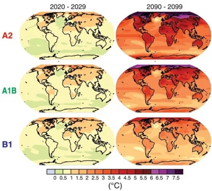 Figura 18 – Projecção das mudanças de temperatura à superfície para o início e fim do Século XXI, em  relação ao período de 1980-1999 (três cenários possíveis) 