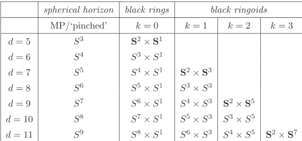 Table 1. A list of horizon topologies for spinning balanced black objects which can be described by the metric ansatz (3.1).