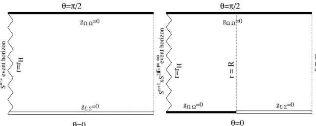 Figure 2. The domain of integration for the solutions in this work is shown for a black hole with spherical horizon topology and a black object with S n+1 × S 2k+1 horizon topology.