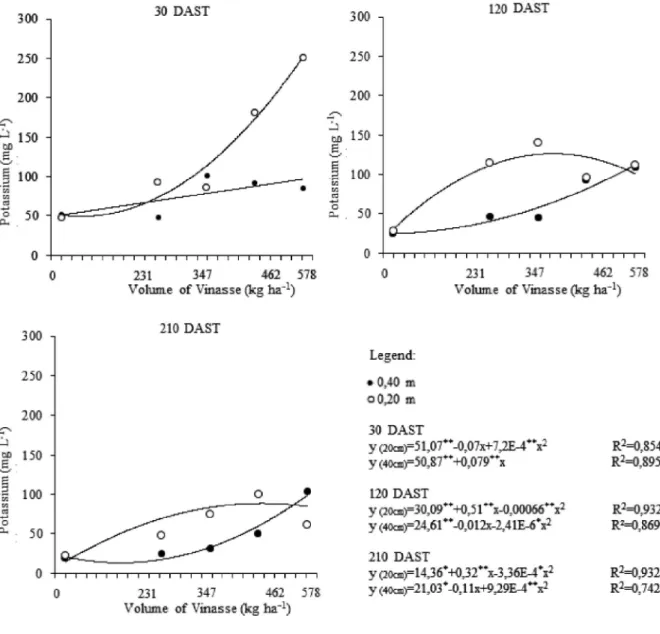 Figure 4 - Scatter diagrams and adjustment equations for potassium concentrations present in the soil solution at the different times and depths under evaluation, for level of vinasse applied