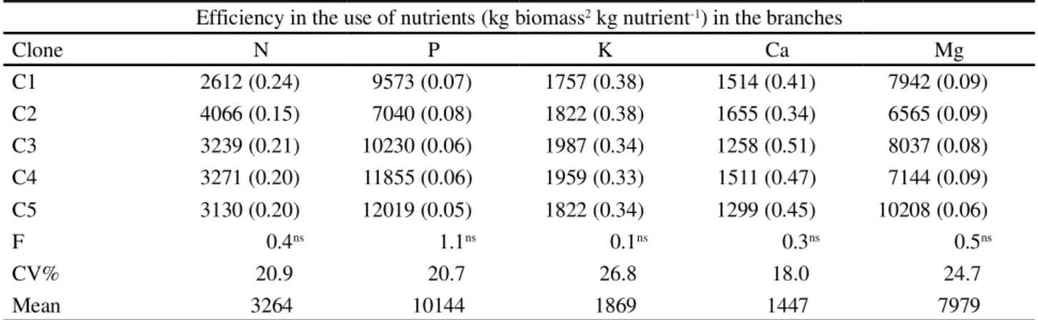 Table 5 - Efficiency in the use of nutrients in the branches of five clones of Eucalytpus grandis x E