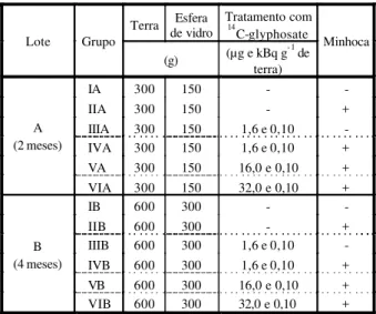 Tabela 1  -  Condições dos estudos de degradação e  bioacumulação de  14 C-glyphosate em minhocas  Eisenia  foetida  Terra  Esfera  de vidro  Tratamento com 14 C-glyphosate  Lote  Grupo  (g)  (µg e kBq g - 1  de  terra)  Minhoca  IA  300  150  -  -  IIA  3
