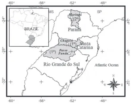 Figure 1: Geographic location of meteorological stations used in the study, in Rio Grande do Sul, Santa Catarina, and Paraná state.
