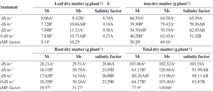Table 2: Dry matter production of leaves, stems, roots, and total of J. curcas seedlings pre-colonized (M+) and non-colonized (M-) by AMF, after 120 days of salt stress