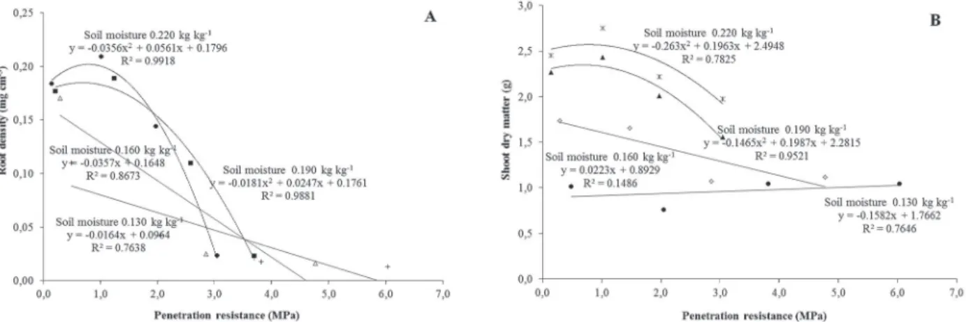Figure 2: Root density of soybean plants on the basis of root dry matter  (A) and on the production of shoot dry matter (B), in the different levels of moisture in function of mechanical resistance to penetration in the pot compacted layer.