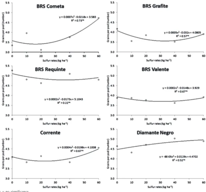 Figure 1: Number of grains per pod of common bean cultivars as a function of sulfur rates.