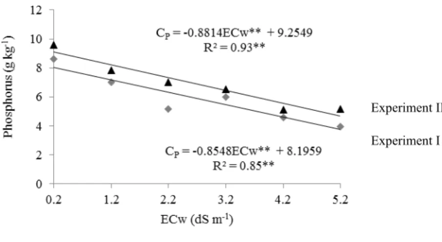 Figure  4.  Phosphorus  concentration  in  the  shoot  of  crisphead  lettuce,  cultivar  Taina,  depending  on  the  electrical  conductivity of the water (ECw) used for the nutrient solution preparation in Experiments I and II.