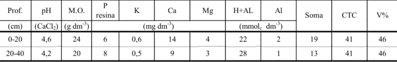 Tabela 1 - Resultados das análises químicas  (1)  de fertilidade do solo da área experimental 