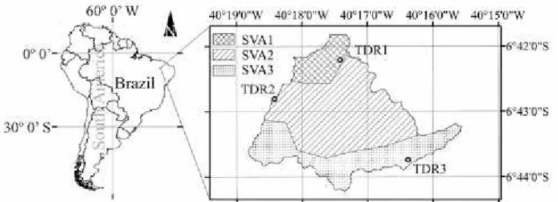 Figure 1. Geographical location of the study area and instrumentation of the Aiuaba Experimental Basin (AEB)