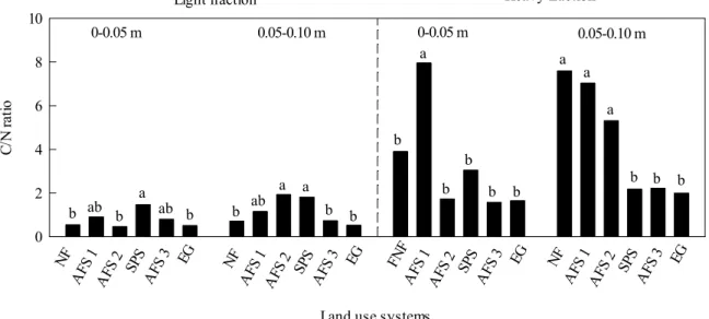 Figure 4. Ratio of carbon to total nitrogen (C/N) in the light and heavy fractions under different land use systems: Native  Forest (NF): open evergreen forest, as a reference environment; Agroforestry System 1 (AFS 1): teak (Tectona grandis LF)  and  kudz