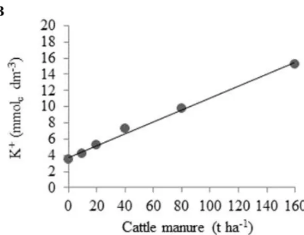 Figure  1. Effect of cattle manure fertilization on the electrical conductivity (A) and contents of K +  (B), Ca 2+  (C) and soil  organic matter (D)