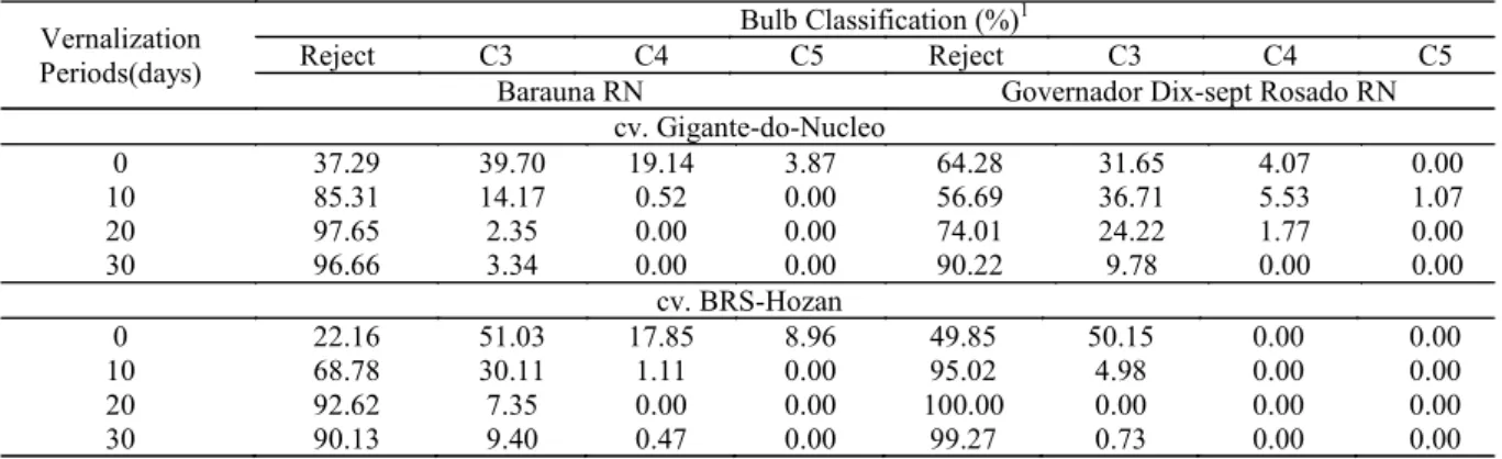 Table 4. Bulbs classification of vernalizated semi - noble garlic cultivars.