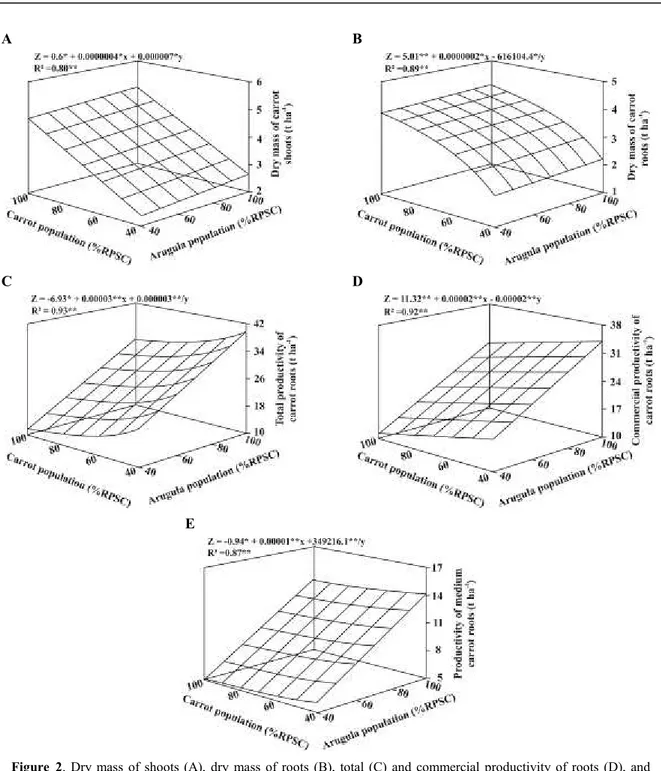 Figure  2. Dry mass of shoots (A), dry  mass of roots (B), total (C) and commercial productivity of roots (D), and  productivity of medium carrot roots (E) intercropped with arugula in bicropping under different population density  combinations of the comp