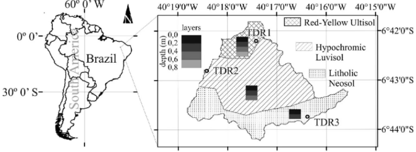 Figure 1 - Location of AEW, layers analyzed the profiles of Red-Yellow Ultisol, Hypochromic Luvisol and Litholic Neosol