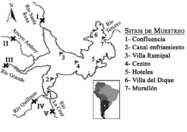 Figura 1 - Ubicación de los sitios de muestreo en el embalse Río Tercero y sus tributarios