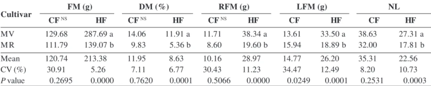 Table 1. Total fresh (FM) and dry mass (DM) accumulation, root fresh mass (RFM), leaf fresh mass (LFM), and number of leaves per plant (NL) at harvest, in two lettuce cultivars, Mimosa Verde (MV) and Mimosa Roxa (MR) in hydroponic (HF) and conventional far