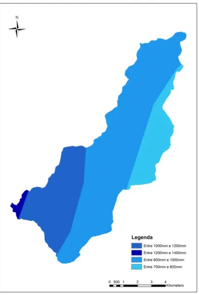Figura 5.9 – Precipitação média anual na bacia hidrográfica do curso da ribeira da Líria 