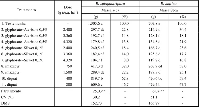 Tabela 4 - Massa seca das plantas de B. subquadripara e porcentagem de massa seca ao final do ensaio com relação à  testemunha