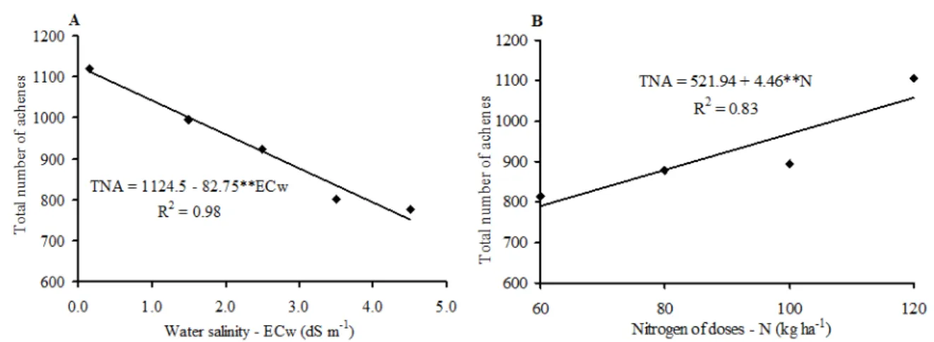 Figure 1. Total number of achenes of sunflower cv. „Embrapa 122 - V2000‟ as a function of irrigation water salinity (A) and  nitrogen fertilisation (B)