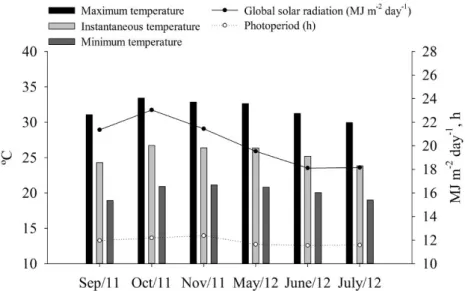Figure  1.  Mean  monthly  values  (°C)  of  instantaneous,  maximum,  and  minimum  temperatures,  solar  radiation                              (MJ m -2  day -1 ), and photoperiod (h) in each cropping season of L