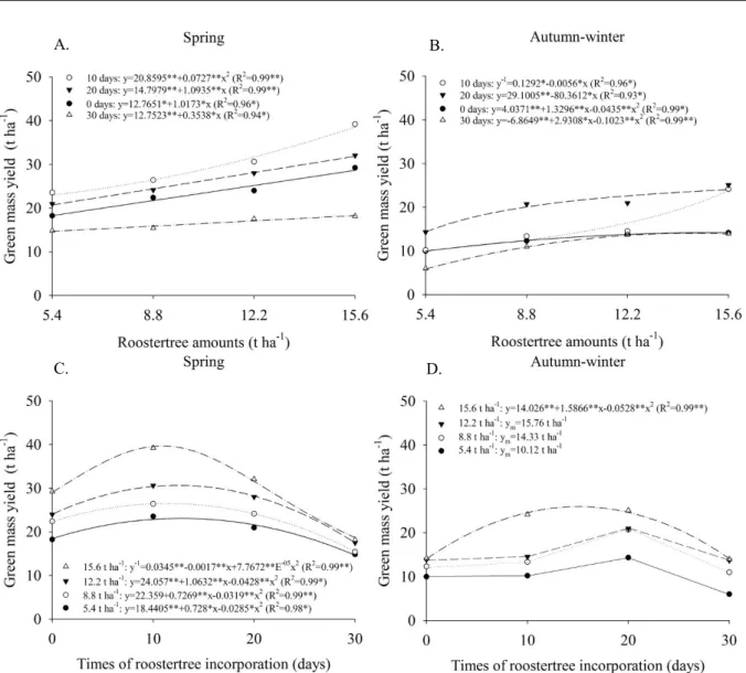 Figure 5. Green mass yield of lettuce as a function of the interaction between roostertree biomass and incorporation times  (A