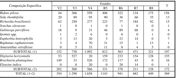 Tabela 5 - Composição percentual das populações de plantas daninhas (%), folhas largas e estreitas, presentes no modelo de  interferência, inicialmente sujo, na cultura do feijoeiro, variedade ‘FT Nobre’, em sete estádios fenológicos (V2 a R8) e  em uma te