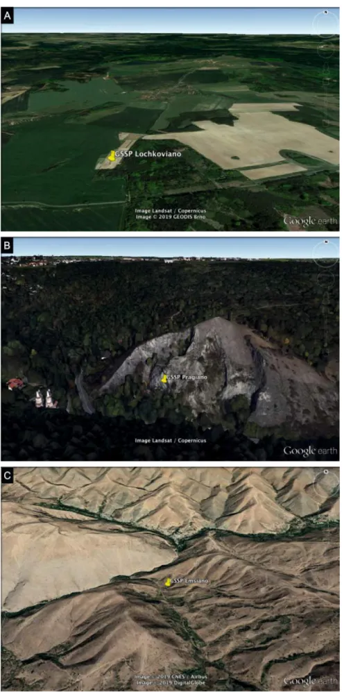Figura 2.6. Localização no Google Earth® dos afloramentos dos GSSP do Devónico Inferior