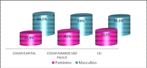 FIGURA 3.1 – Porcentagem de professores de Filosofia por Coordenadoria de Ensino segundo o sexo –  São Paulo – 2011