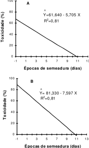 Figura 2 - Toxicidade de plantas de girassol aos 14 DAS em função das épocas de semeadura da cultura, em relação à aplicação das doses de 536 (A) e 1.005 g e.a