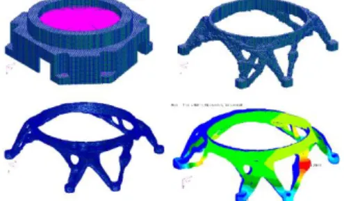 Figure  1:  Overview  of  Design  Stages:  Design  Domain,  TO  result,  Laplacian  Smoothing  and  1st  eigen  value  and  shape  of  Stiffness  Analysis